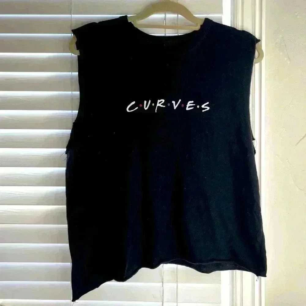 Curves shirt cutoff sleeves asymmetric Friends font